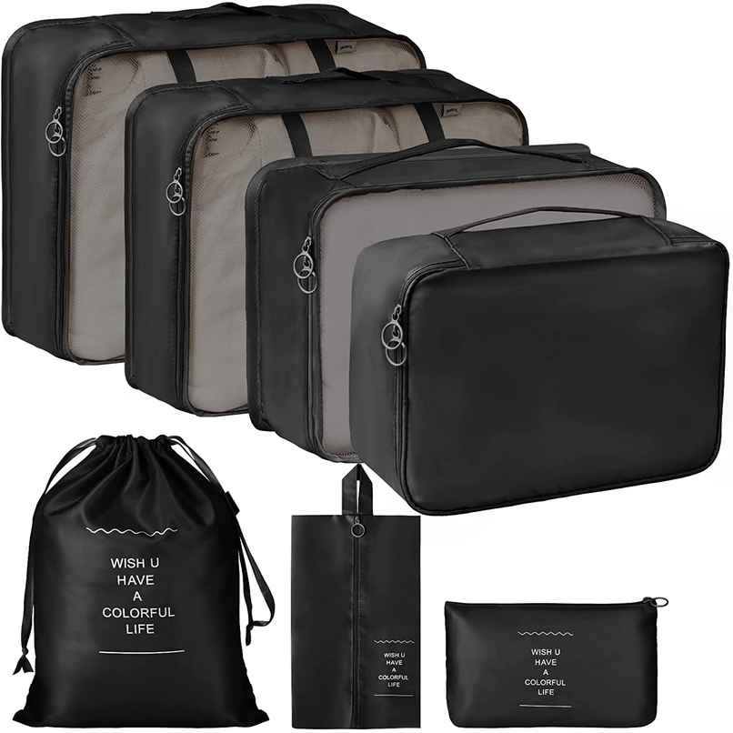 Lazer Polyester Travel Organizer Bag 3 Packing Cubes + 3 Pouches + 1 Toiletry Organizer Bag | Black Lazer Polyester Travel Organizer Bag 3 Packing Cubes + 3 Pouches + 1 Toiletry Organizer Bag | Black