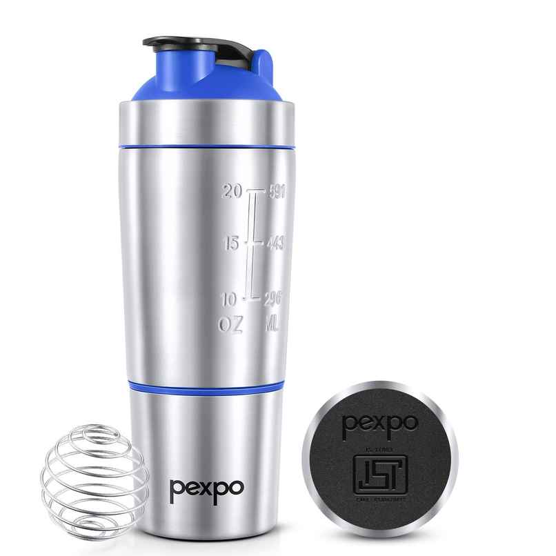 Pexpo Kinetic Stainless Steel Gym Sipper with Extra Compartment | Blue & Steel | 850 ml