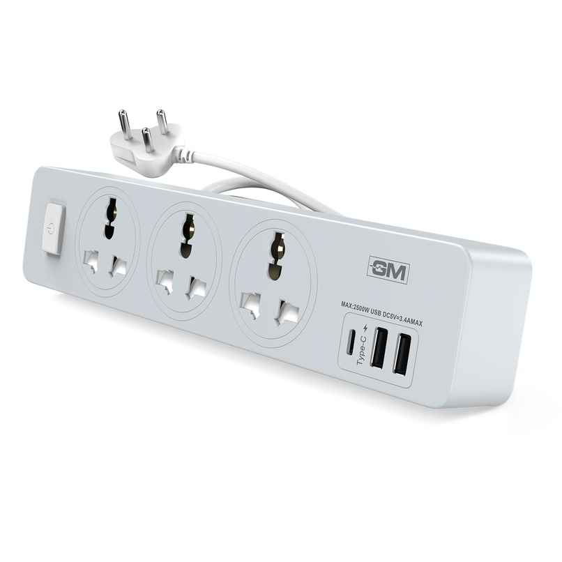 GM Cuba 3341 Extension Board with USB Port Type A & C | 2500 Watt Switch Board Surge Protector | Spike Guard with 1.8 Mtr Cord, 3 International Sockets | Fireproof Upto 750 Degree