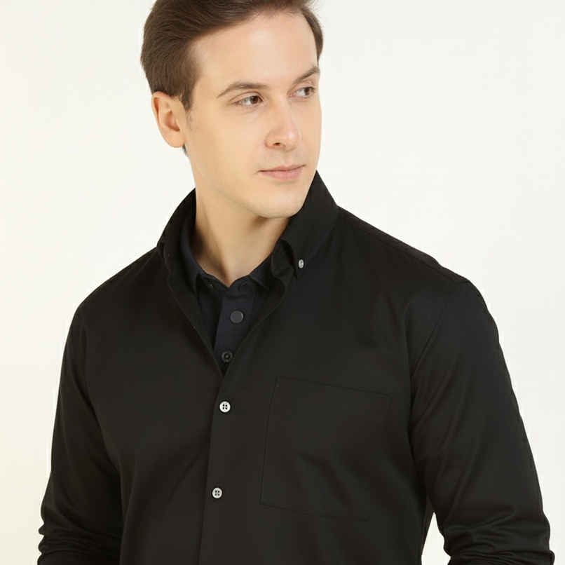 Hancock Men's Slim Fit Solid Button-Down Collar Pure Cotton Casual Shirt | Black - 38