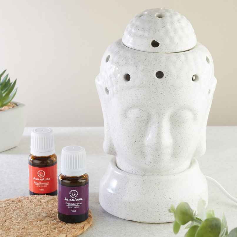 Asian Aura Handcrafted Ceramic Buddha Aroma Diffuser with Lavender & Rosy Romance Oils