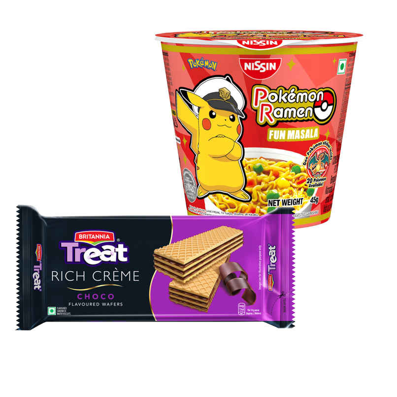 Nissin Pokemon Ramen Fun Masala Cup Noodles | Flavorful Instant Noodles (45g) & Britannia Treat Rich Creme Choco Flavoured Wafers (55g) Combo