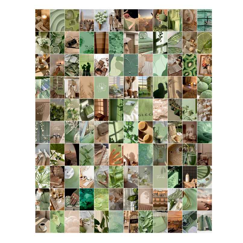 Paper Plane Design Green Beige Aesthetic Wall Posters Collage | Set of 120 | (4 Inch x 6 Inch) D5