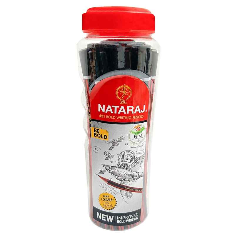 Nataraj 621 Pencil Jar-Pack Of 50, Red and Black body colour, Hexagonal Body|Black lead