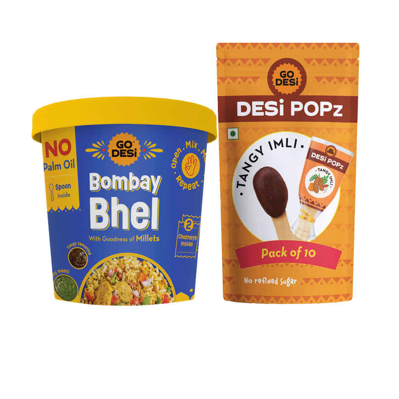 Go Desi Bombay Bhelpuri With Chutney, No Palm Oil (100g) & Tangy Imli (Tamarind) 10 Pcs Sour Candy | No Refined Sugar | Lollipop By Go Desi (10pc) Combo