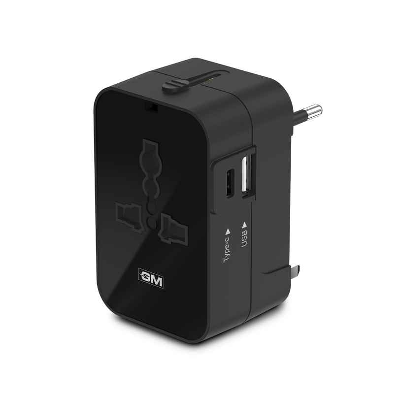 GM 3064 Universal Charger with 240V Power Output | International Travel Adapter with Port Type C - 3.1Amp and Type A - 2.1Amp Output | LED Indicator - Black