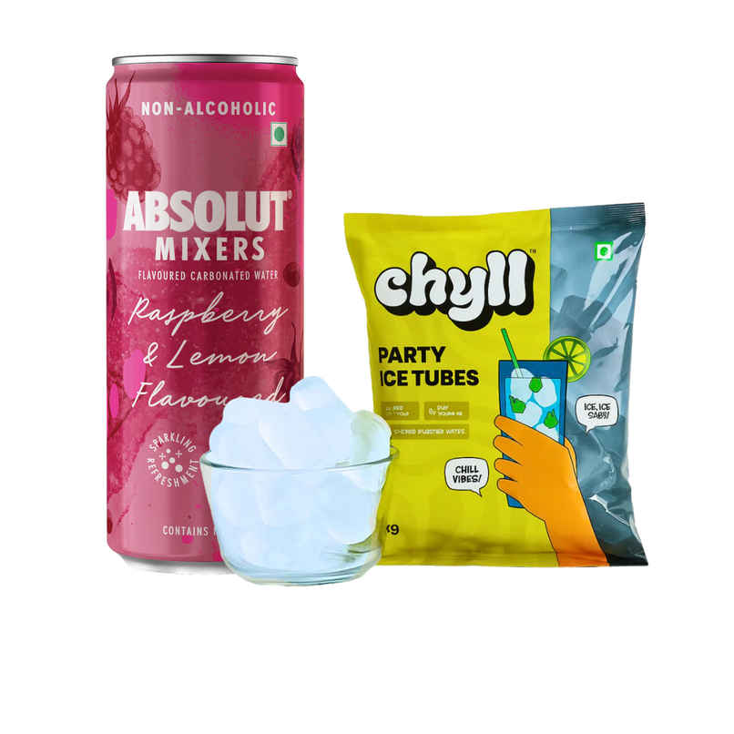Chyll Party Ice Cubes (Tubes) | Assorted (1kg) & Absolut Mixers Sparkling Raspberry & Lemon Flavoured (250ml) Combo