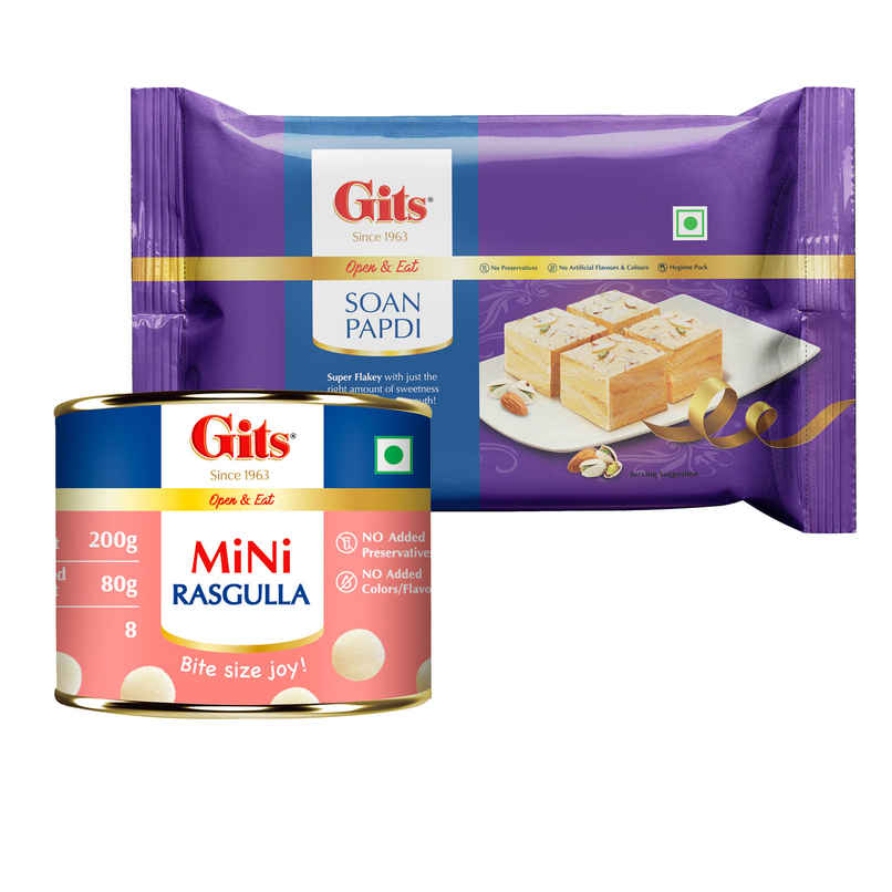Gits Mini Rasgulla Tin (200g) & Gits Soan Papdi (250g) Combo