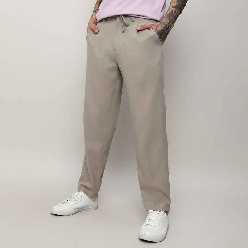 Campus Sutra Men's Tailored Linen-Blend Trousers | Beige - 34