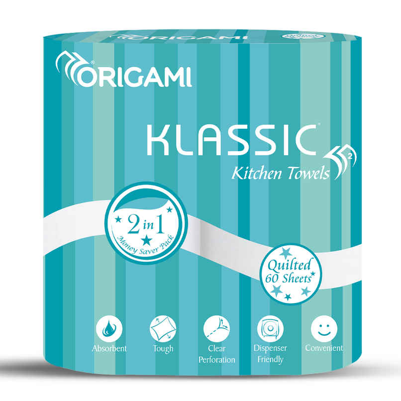Origami Klassic 2Ply Kitchen Towel Paper Roll Super Absorbent & Tough Pack of 2, 60Pulls Per Roll