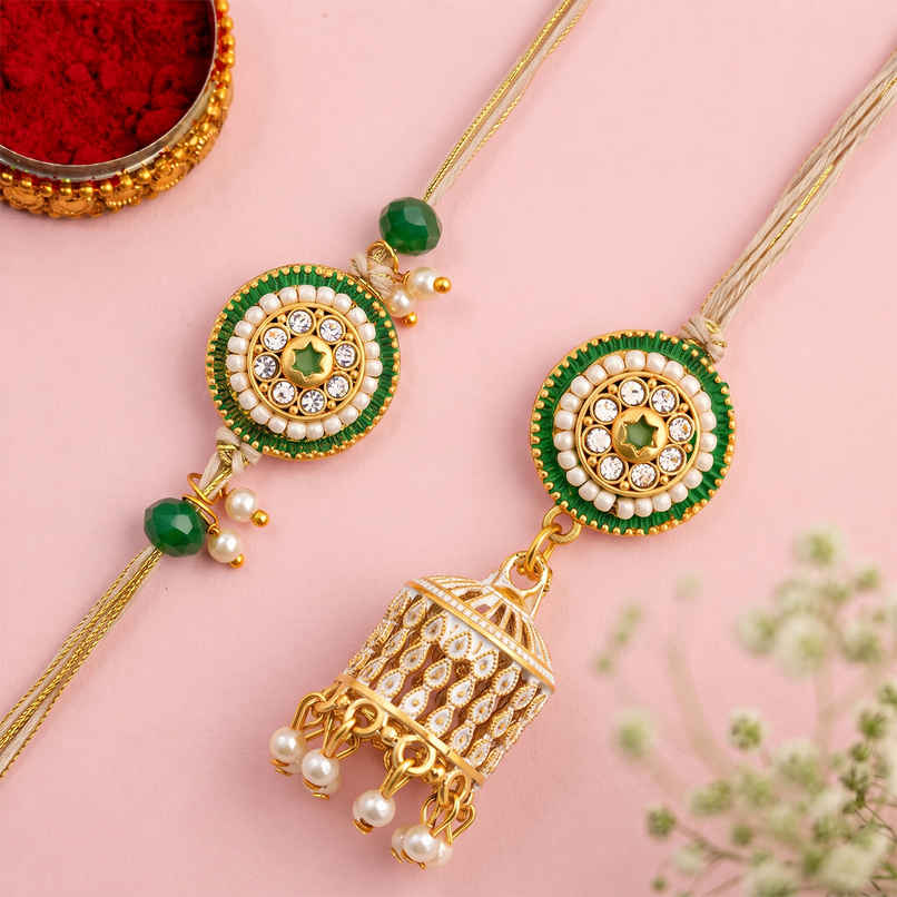 White Pearls And Kundan Bhaiya Bhabhi Lumba Rakhi | Pack of 2 | Voylla White Pearls And Kundan Bhaiya Bhabhi Lumba Rakhi | Pack of 2 | Voylla