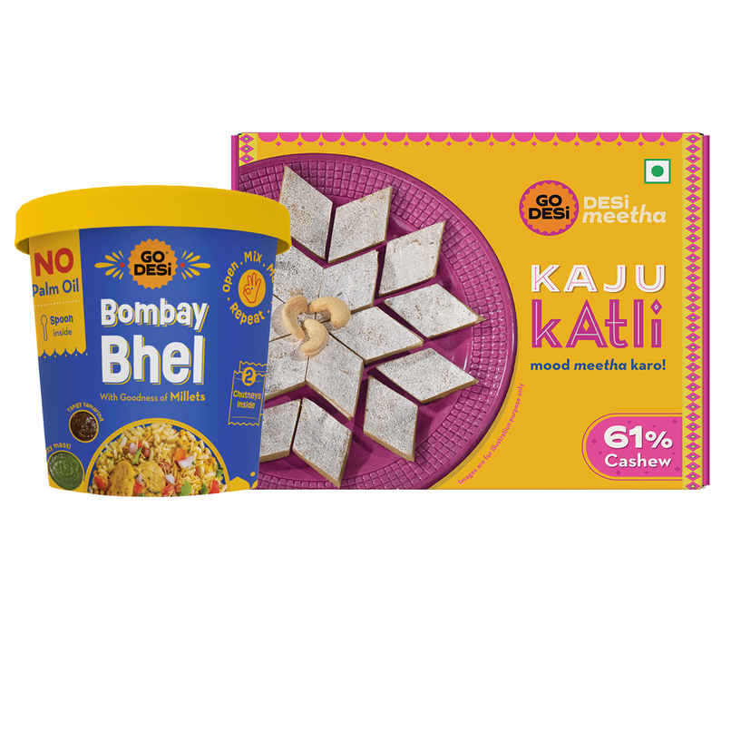 Premium Kaju Katli, 61% Cashew | Burfi | Kaju Katri | Sweets By Go Desi (180g) & Go Desi Bombay Bhelpuri With Chutney, No Palm Oil (100g) Combo Premium Kaju Katli, 61% Cashew | Burfi | Kaju Katri | Sweets By Go Desi (180g) & Go Desi Bombay Bhelpuri With Chutney, No Palm Oil (100g) Combo
