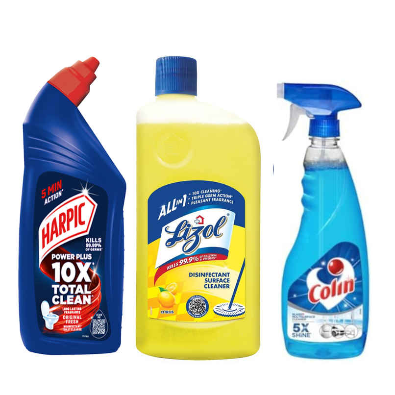 Harpic Original Toilet Cleaner Liquid (1L) & Lizol Citrus Floor Cleaner Liquid (1L) & Colin Glass Cleaner & Surface Cleaner Liquid Spray (500ml) Combo Harpic Original Toilet Cleaner Liquid (1L) & Lizol Citrus Floor Cleaner Liquid (1L) & Colin Glass Cleaner & Surface Cleaner Liquid Spray (500ml) Combo