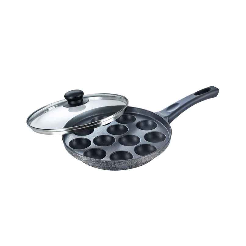 Prestige Omega Select+ 12Pits Aluminium Non-Stick Paniyarakkal With Glass Lid 24cm,1Y Warranty,Black