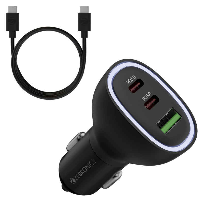 Zebronics CC78 78W Car Charger with Multi Output 2x TypeC & USB, Multicolor LED, TypeC to C Cable