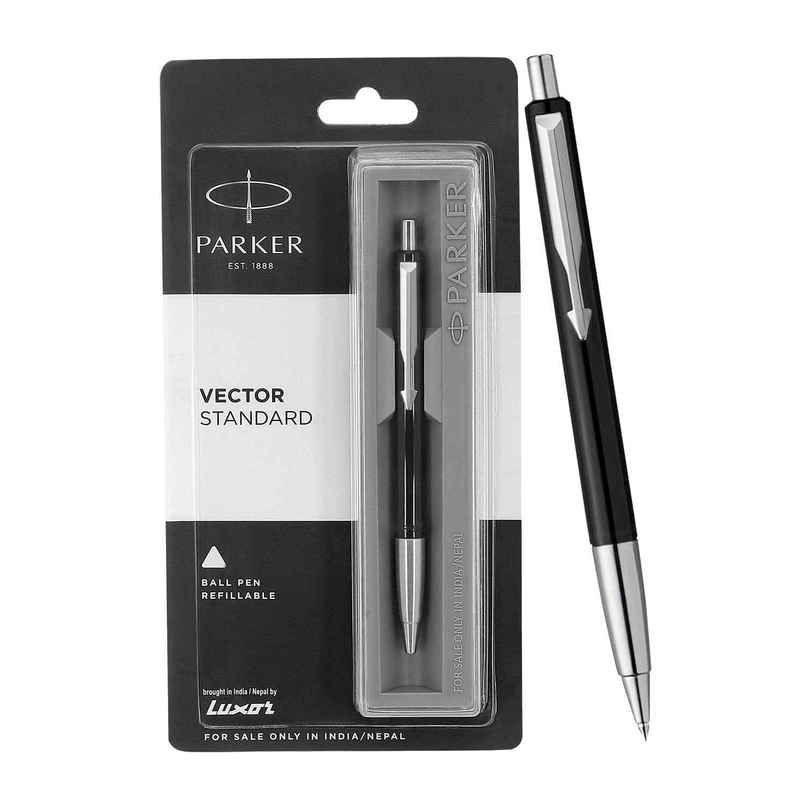 Parker Vector Standard Chrome Trim Black Ball Pen | Blue Ink | Teacher's Writing Companion