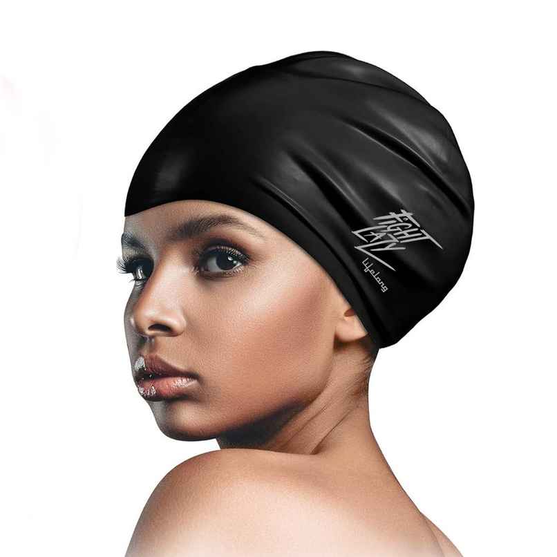 Lifelong Black Swimming Cap for Women - For Long Hair | Silicone Hair Cover Cap