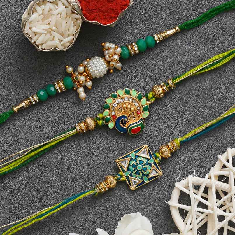Rakhi for Brother | Peacock, Flower, Beads & Pearls | Stone | Includes Roli Chawal | Pack of 3 | Ecraftindia
