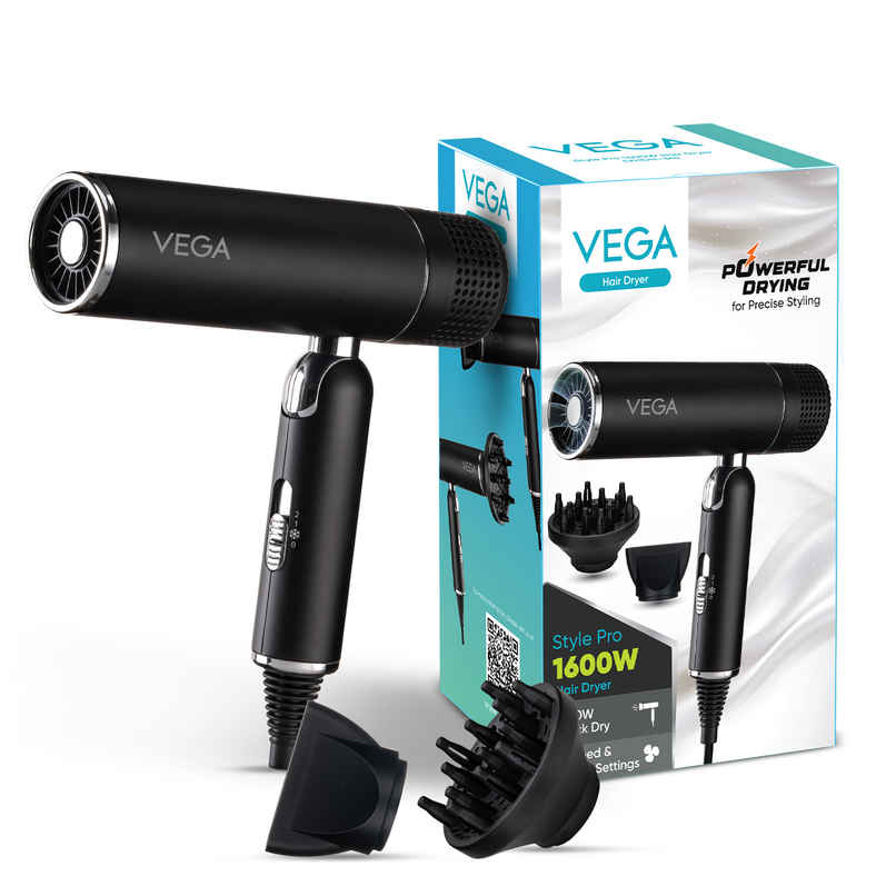 Vega Style Pro Foldable Hair Dryer | 1600W | 2X Faster Drying | VHDH-34, 16 Amp Plug Concentrator(Compatible Only with Large Plug Size)