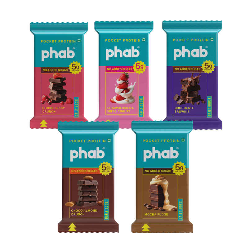 Phab Choco Berry Crunch Pocket Protein Bar - 5G Mini Protein Bar (20g) & Phab Strawberries & Greek Yogurt Pocket Protein Bar - 5G Mini Protein Bar (25g) & Phab Chocolate Brownie Pocket Protein Bar - 5G Mini Protein Bar (25g) & Phab Choco Almond Crunch Pocket Protein Bar - 5G Mini Protein Bar (20g) & Phab Mocha Fudge Pocket Protein Bar - 5G Mini Protein Bar (25g) Combo
