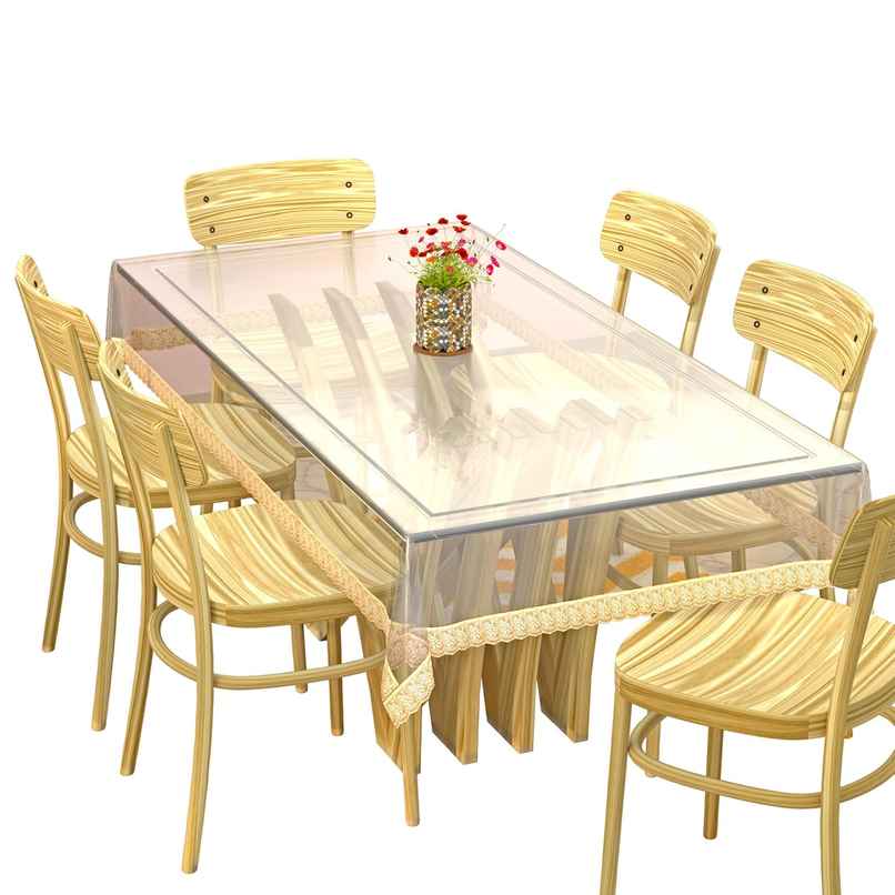 Kuber Industries PVC 6 Seater Transparent Dining Table Cover with Golden Lace