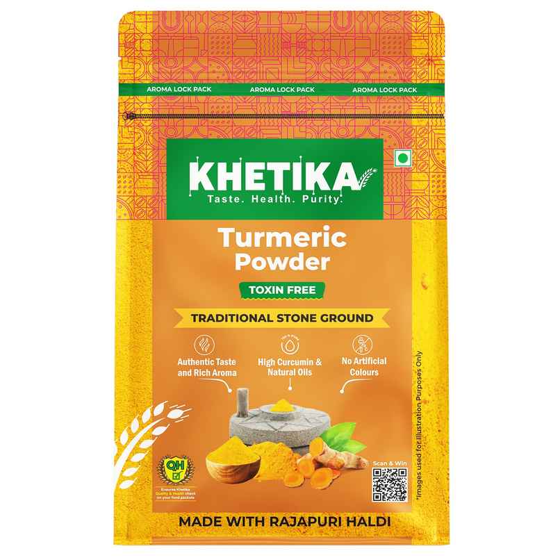 Khetika Stone Ground Turmeric Powder, Single Origin, With Natural Oils, High Curcumin,Reusable Pouch