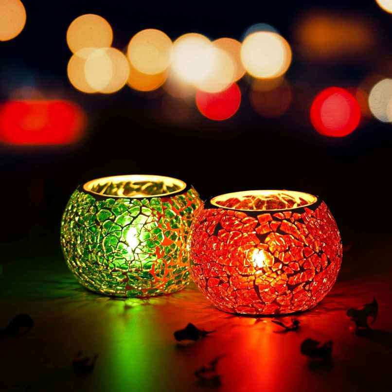 eCraftIndia Red & Green Set of 2 Mosiac Glass Decorative Tea Light Holder/diya