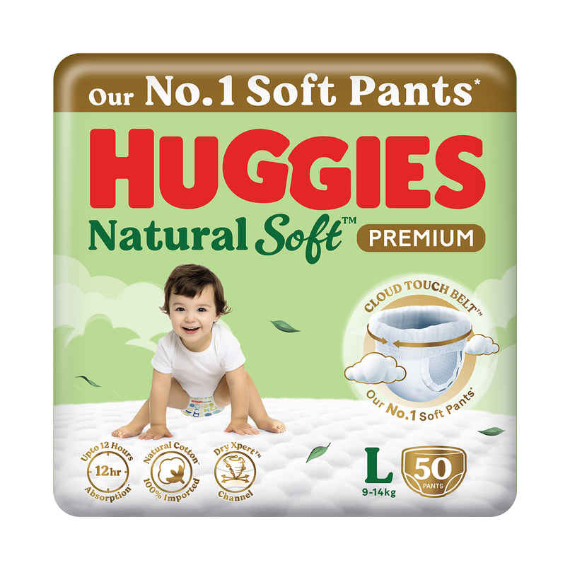 Huggies Natural soft Premium Pant style Baby diaper | Large , 9-14kg, 12 hour absorption, 100% natural cotton, wetness indicator Huggies Natural soft Premium Pant style Baby diaper | Large , 9-14kg, 12 hour absorption, 100% natural cotton, wetness indicator