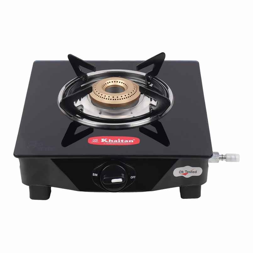 Khaitan 1 Burner BP Jio Toughened Glass | LPG Cooktop I Manual Ignition Stove | Black