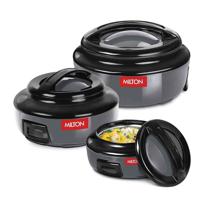 Milton Ernesto Inner Stainless Steel Jr. Casserole Set Of 3 (420 ml, 850 ml, 1.43 Litres), Grey Milton Ernesto Inner Stainless Steel Jr. Casserole Set Of 3 (420 ml, 850 ml, 1.43 Litres), Grey