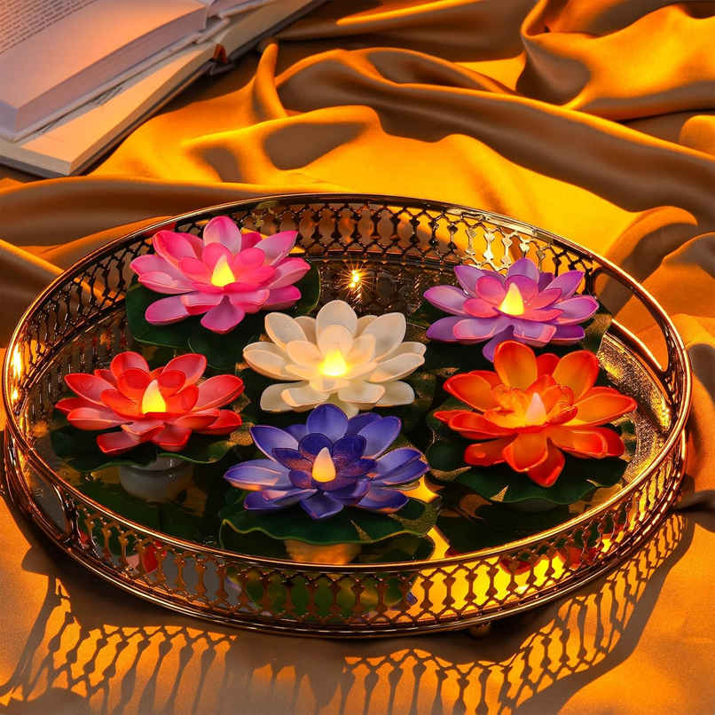 Multicolour Lotus Floating Plastic Diya for Diwali Celebration | Pack Of 6 | Party Propz