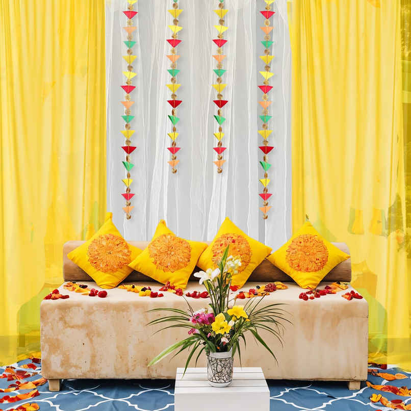 White and Yellow Net Backdrop with Triangle Hanging for Haldi Mehndi | Party Propz