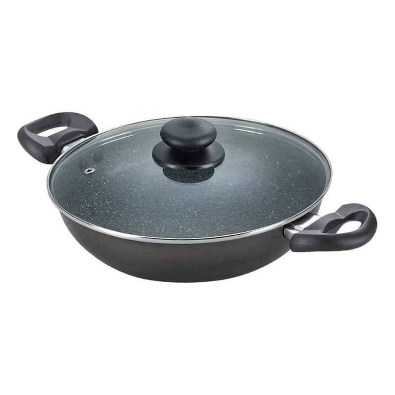 Prestige 26cm | 3.25 Litre Omega Deluxe Granite Non-stick Kadai with Glass Lid | Black