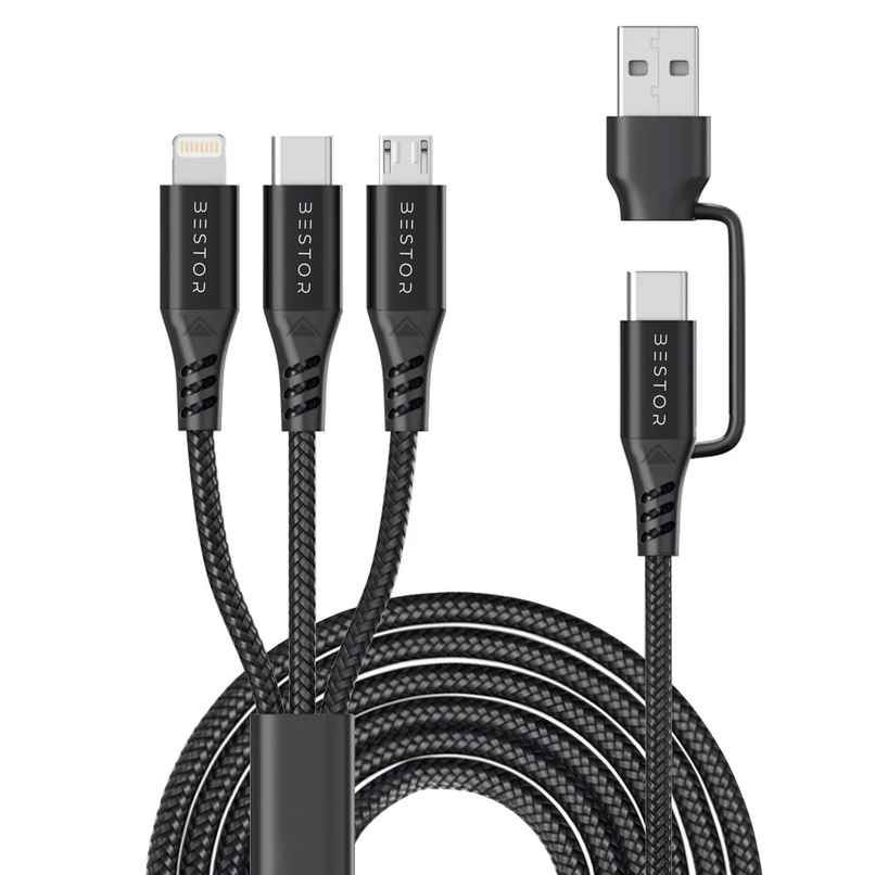 Bestor 60W USB C Multi Fast Charging Cable Nylon Braided Cord 5-in-1 3A USB/C to Type C/Micro/Phone Fast Sync Charger Cable Compatible with Laptop/Tablet/Phone (1.5 M) - Black