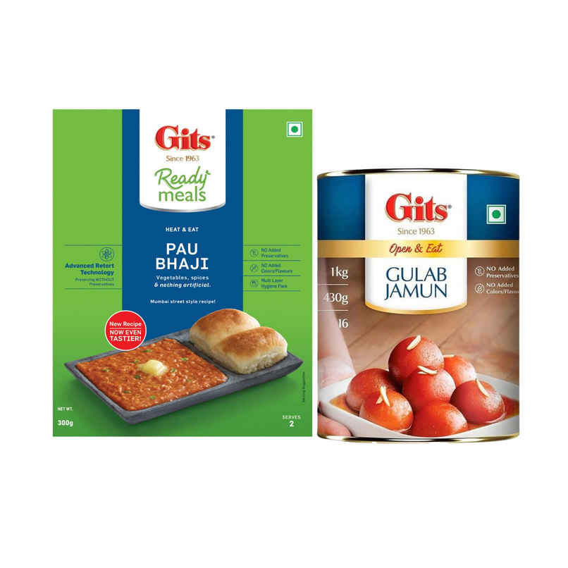 Gits Heat & Eat Pau Bhaji (300g) & Gits Gulab Jamun Open & Eat (Tin) (1kg) Combo Gits Heat & Eat Pau Bhaji (300g) & Gits Gulab Jamun Open & Eat (Tin) (1kg) Combo