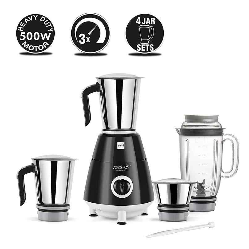 Cello Grind Master Juicer Mixer Grinder With 4 Leak Proof Jars & 1 Spatulla, 500 W, Black & Silver