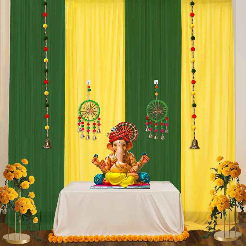 Green and Yellow Backdrop with Pom Pom Hangings for Haldi Mehndi | Party Propz Green and Yellow Backdrop with Pom Pom Hangings for Haldi Mehndi | Party Propz