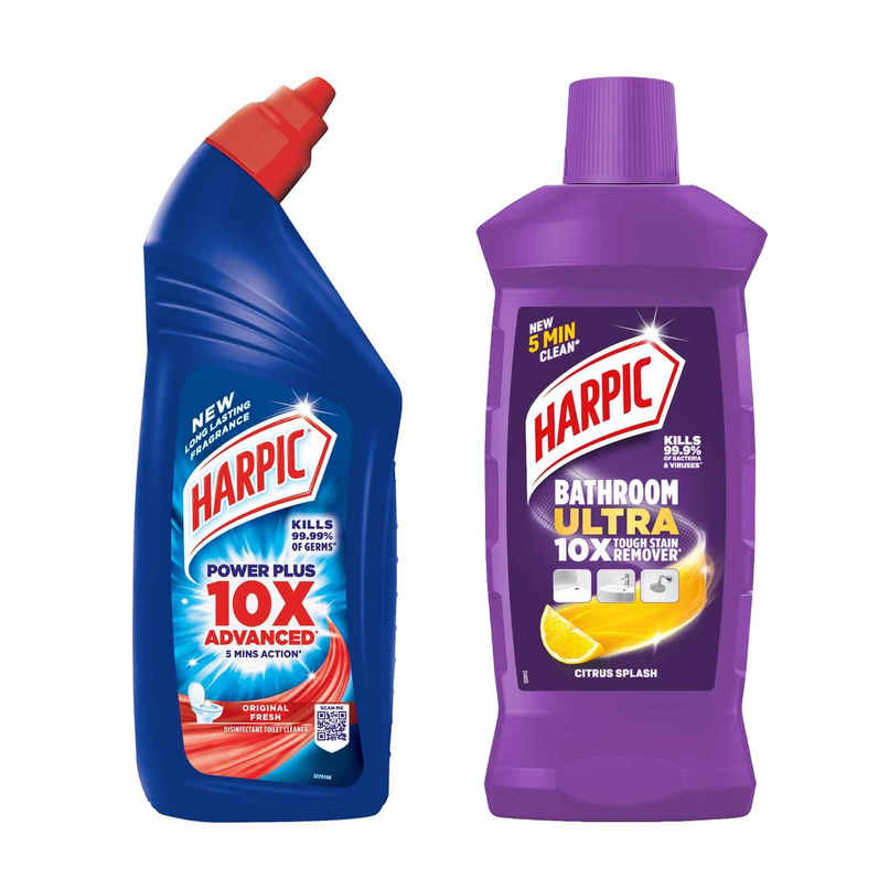 Harpic Original Toilet Cleaner Liquid (1L) & Harpic Bathroom Ultra 10X Tough Stain Remover Citrus 1000Ml (1000ml) Combo