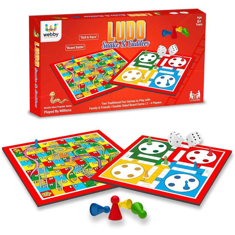 Webby Ludo, Snake & Ladders Double Sided Board Game | Portable Travel Set | 6+ years