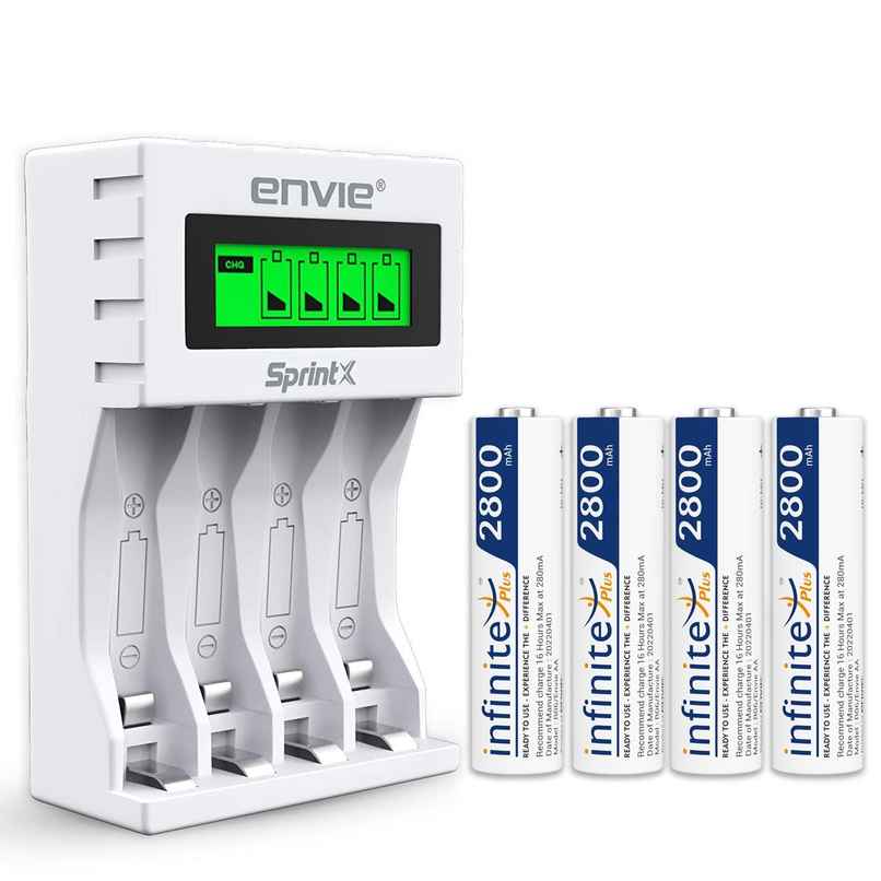 Envie (ECR11MC + 2800 4PL) SprintX Ultra Fast Rechargeable Batteries Charger for AA & AAA Ni-MH with 4xAA2800mah Rechargeable Batteries, with Over Charge Protection
