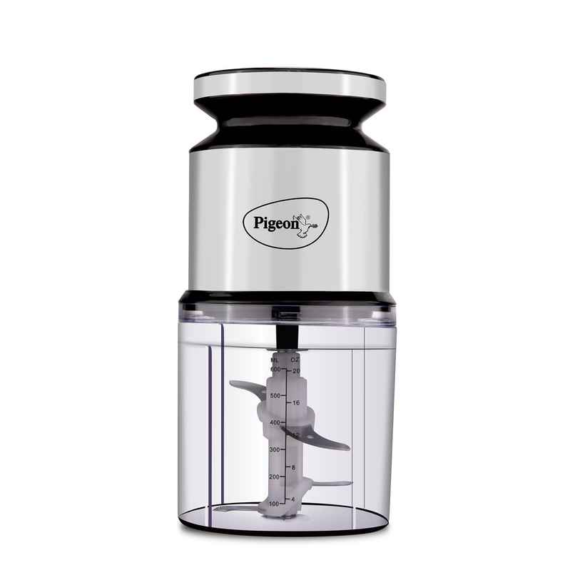 Pigeon Ultra Fast Electric 300 Watts Electric Chopper For Kitchen, Twin Blade Technology, 600 Ml, Plastic Bowl With Lid, Vegetable Chopper, Cutter, Chop, Mince, Dice, Blend - Silver