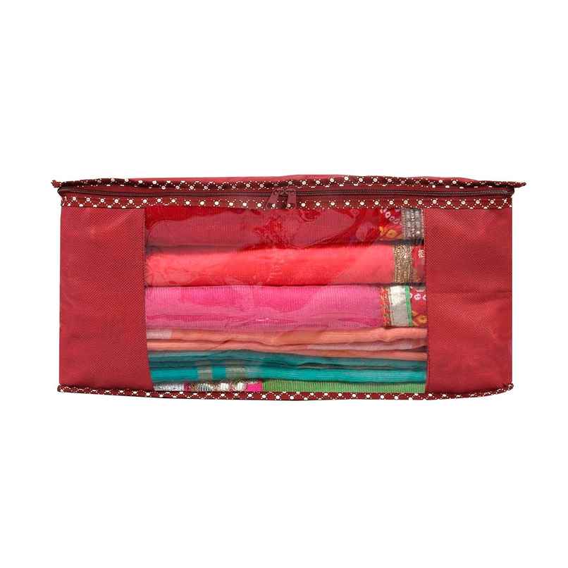 Perpetual Saree Organizer - Foldable Cover with Zip | Transparent Window | Red | Pack of 1 Perpetual Saree Organizer - Foldable Cover with Zip | Transparent Window | Red | Pack of 1