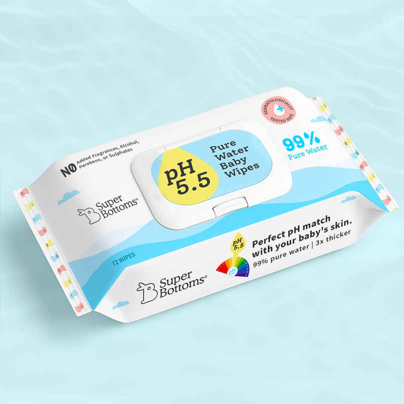 SuperBottoms 99% Pure Water Baby Wipes(72 pcs), 5.5 pH Formula, Skin-Friendly Soft Wet Wipes