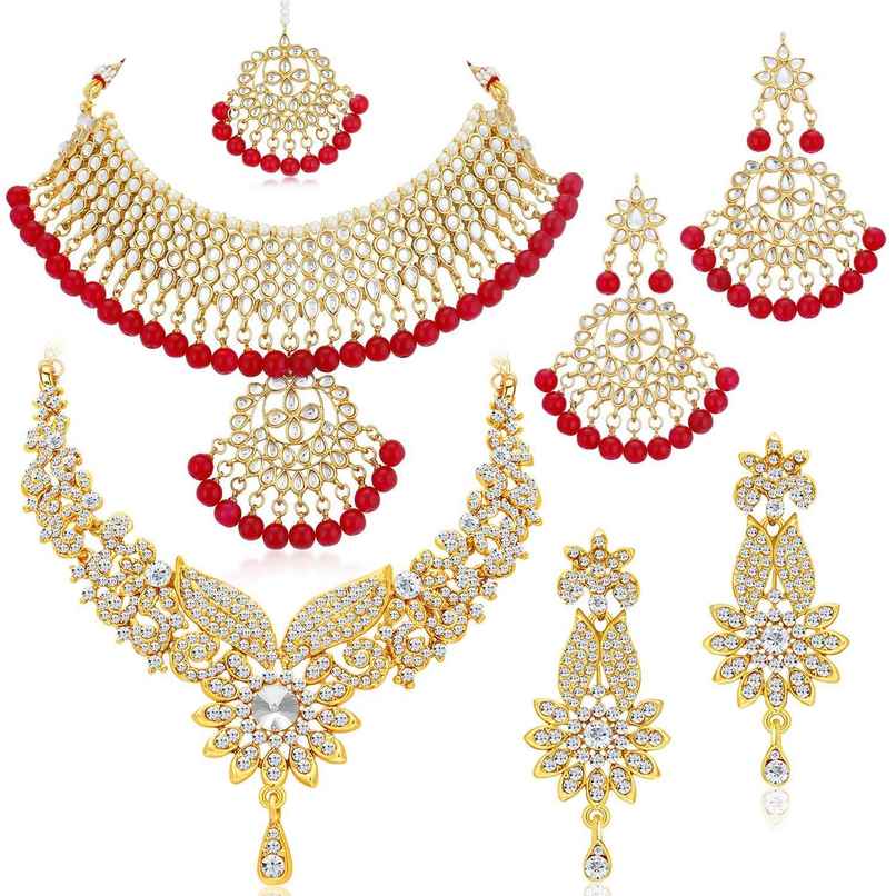Sukkhi Gold-Plated Ad Stones & Beads Gold & Red Choker Jewellery For Women