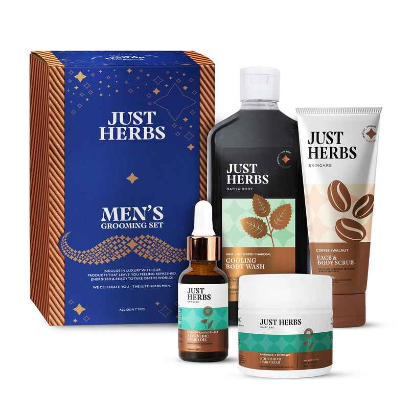 Just Herbs Men's Grooming Kit: Beard Oil, Nourishing Hair Cream, Charcoal Body Wash & Coffee Scrub
