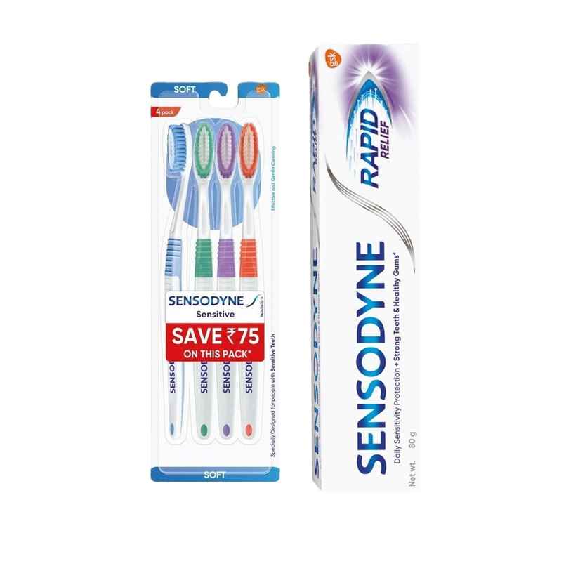 Sensodyne Rapid Relief Long Lasting Protection For Sensitive Teeth Toothpaste (80g) & Sensodyne Sensentive Tooth Brush (4pc) Combo