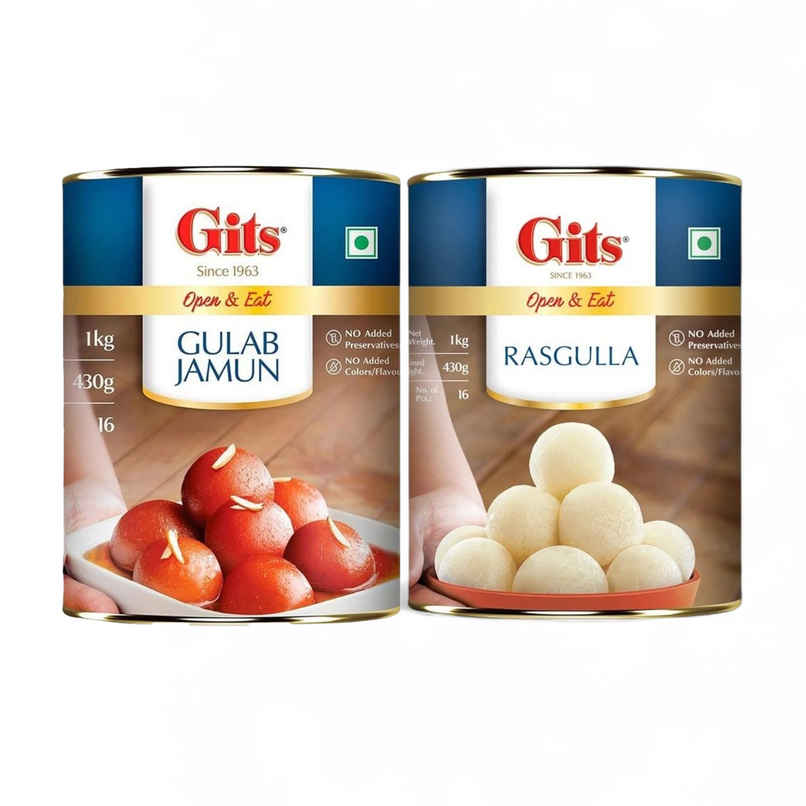 Gits Gulab Jamun Open & Eat (Tin) (1kg) & Gits Rasgulla Open & Eat (Tin) (1kg) Combo