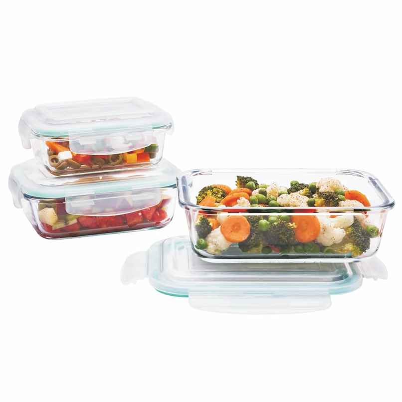 Signoraware Lock N Store Rectangular Borosilicate Glass Container|370 ml,640 ml,1040 ml|Transparent