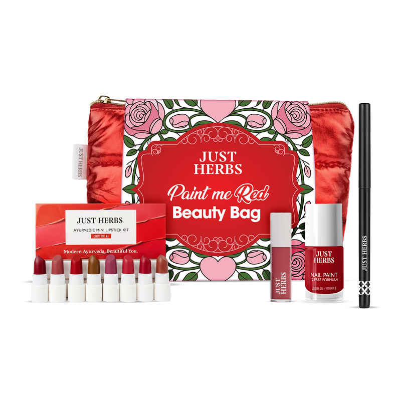 Just Herbs Paint Me Red Beauty Bag With Matte Lipstick Lip Gloss Kajal Nail Polish
