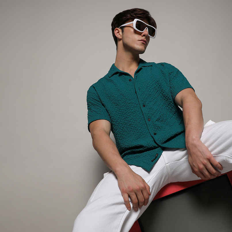 Campus Sutra Men's Creased Striped Shirt | Green - S Campus Sutra Men's Creased Striped Shirt | Green - S